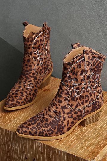 Bottines de cow-girl brodées à bout pointu léopard marron